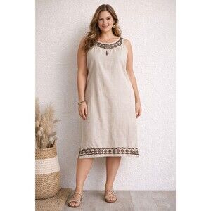 Carole Little Woman 18W Boho Linen Shift Dress Beaded Embroidered Sleeveless...